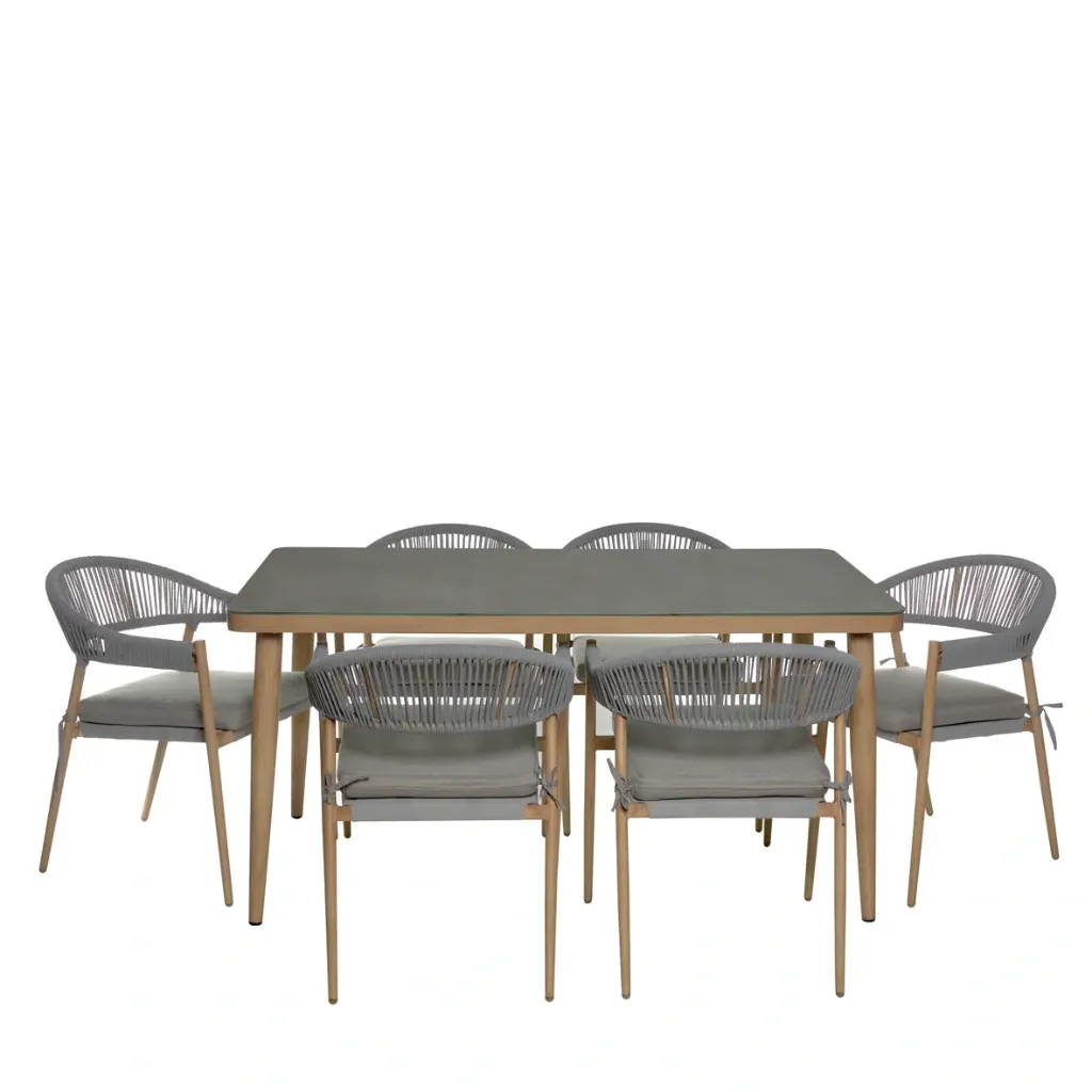 Conjunto de Mesa de Jantar Exterior com 6 Cadeiras em Alumínio e Corda – 150x90 cm com Vidro Temperado